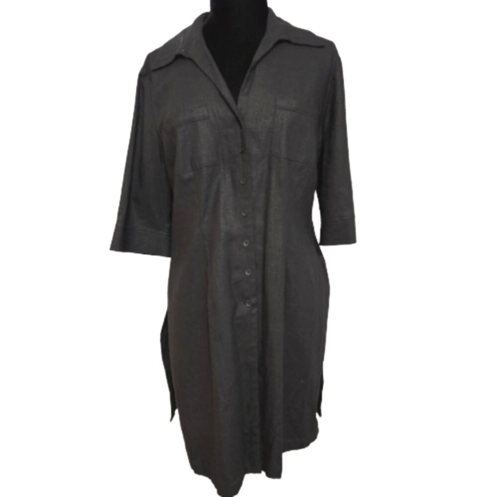 Barisal Linen‎ Button Front Side Slit Black Midi Tunic Top Plus Size 16 Gothcore